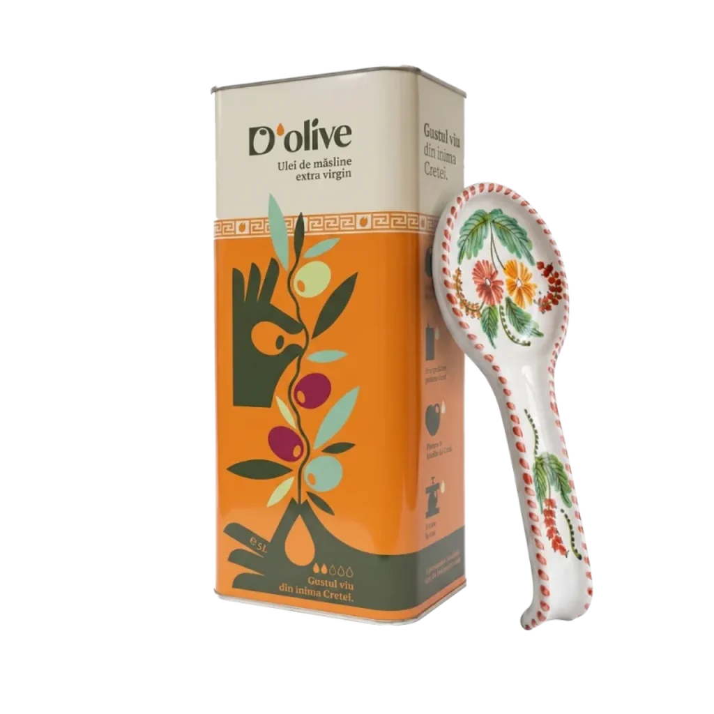Ulei de măsline extravirgin D’Olive Gustul Prietenos, obținut din măsline Koroneiki din Creta, alături de suport pentru lingură din ceramică pictat manual cu motive florale